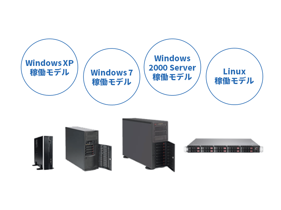 Window XP稼働モデル、Windows 7稼働モデル、Windows 2000 Server稼働モデル、Linux稼働モデル